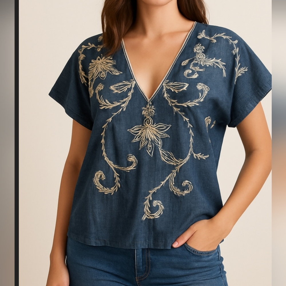 Banjanan Embroidered Bird Design V neck Top